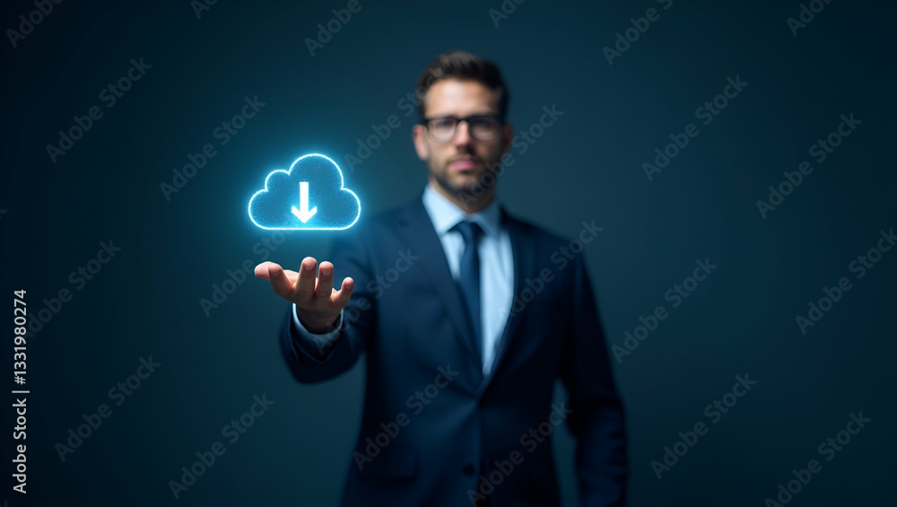 Businessman Demonstrating Cloud Computing for Data Transfer Concepts Businessman Demonstrating Cloud Computing for Data Transfer Concepts