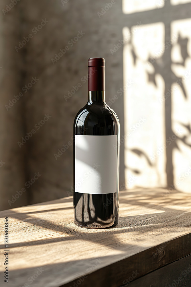 Fototapeta premium Elegant wine bottle with blank label illuminated by soft natural light