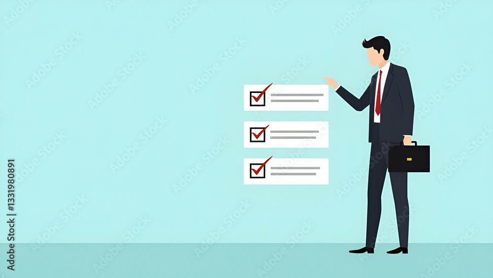 Watercolor Illustration of Businessman Evaluating Compliance: Steps, Policies, and Quality Checkboxes Watercolor Illustration of Businessman Evaluating Compliance: Steps, Policies, and Quality Checkboxes