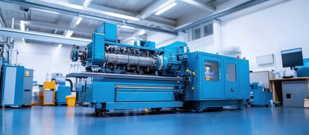 Blue industrial machine in a modern factory. Blue industrial machine in a modern factory.