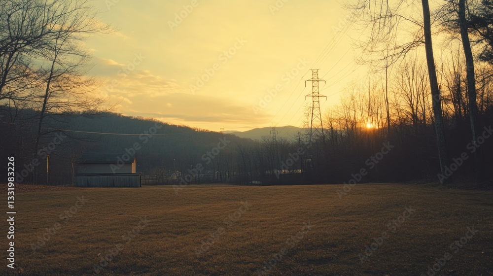 Evening landscape featuring power lines a field and distant mountains Evening landscape featuring power lines a field and distant mountains
