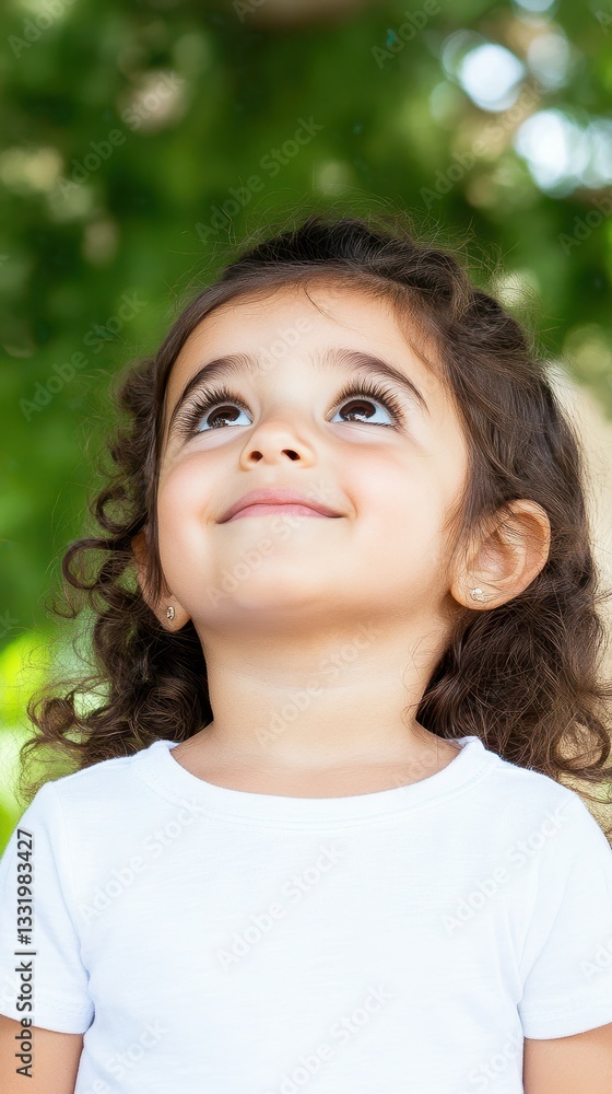 Young girl gazes up in wonder under lush greenery during a warm sunny day in the park Young girl gazes up in wonder under lush greenery during a warm sunny day in the park