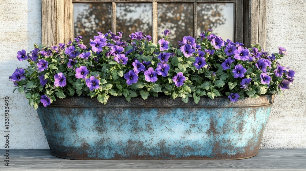 Fototapeta premium Rustic planter overflowing with vibrant purple flowers