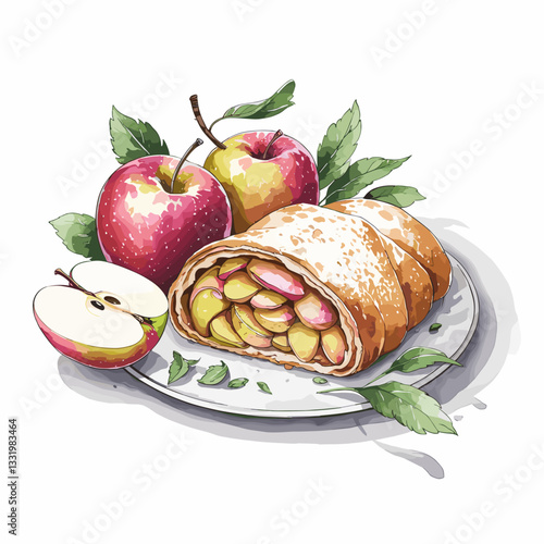 Watercolor Apple Strudel with Fresh Apples