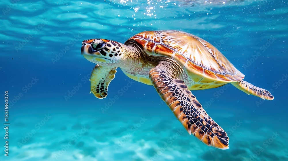 Fototapeta premium Graceful Sea Turtle Gliding Through Clear Blue Waters