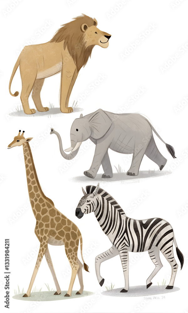 Obraz premium A lion, an elephant, a giraffe, and a zebra are illustrated together