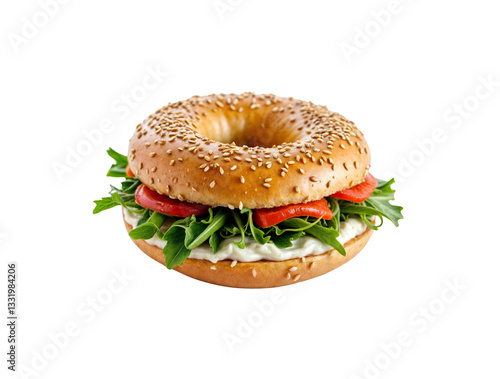 Gourmet bagel sandwich with fresh smoked salmon, arugula, cucumber, and cream cheese