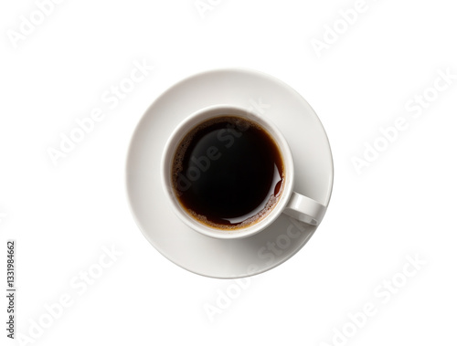 Top view of a coffee cup with swirl latte art isolated on black background