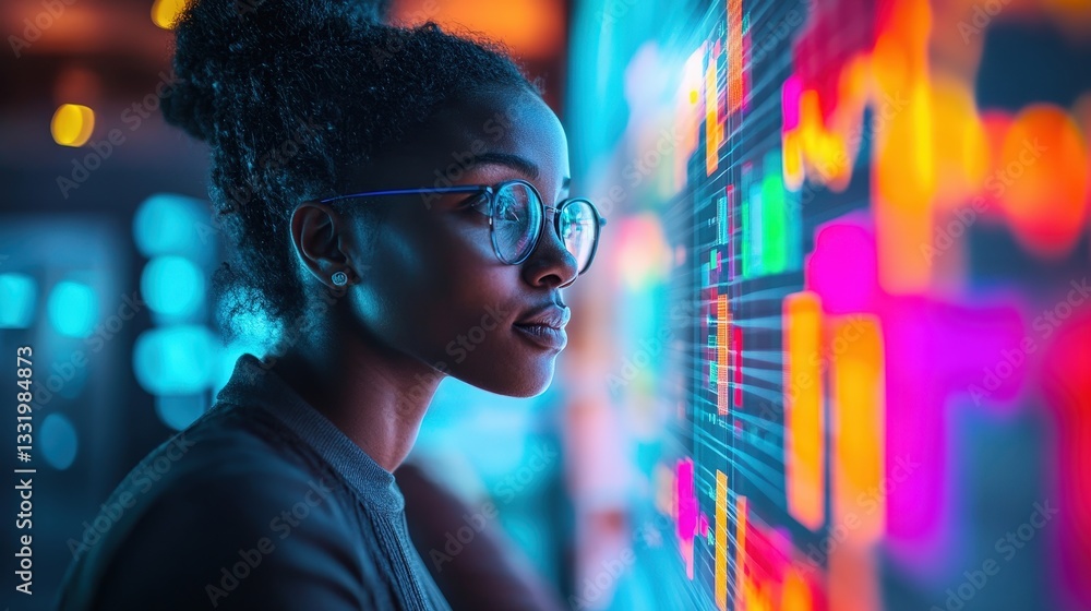 A focused individual analyzes vibrant data visualizations on a digital screen, showcasing an interaction with technology and information. A focused individual analyzes vibrant data visualizations on a digital screen, showcasing an interaction with technology and information.