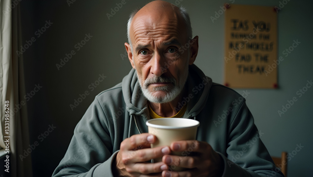 A Somber Yet Hopeful Illustration of a Homeless Man with a Paper Mug: Capturing the Struggles of Poverty and the Need for Compassionate Support in Society A Somber Yet Hopeful Illustration of a Homeless Man with a Paper Mug: Capturing the Struggles of Poverty and the Need for Compassionate Support in Society