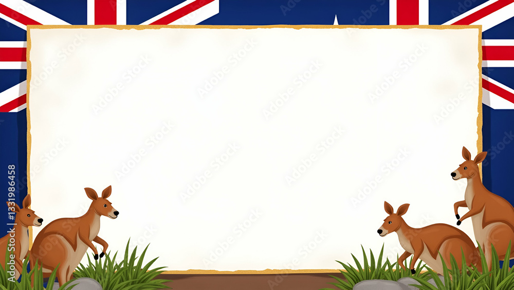 Fototapeta premium Playful Kangaroos and Vibrant Australian Flag Frame for Festive Australia Day Messages