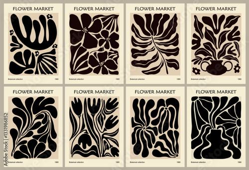 Set of abstract Flower Market posters. Trendy botanical wall art with floral design in beige and black colors. Modern interior decoration, painting in Scandinavian, Japandi style. Vector illustration.
