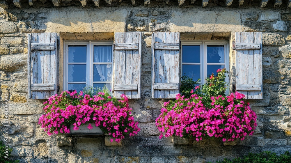 Rustic stone facade with decorative windows and vibrant flower boxes Rustic stone facade with decorative windows and vibrant flower boxes