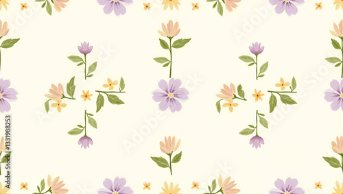 Wallpaper Mural Vintage spring pastel seamless tile pattern with lavender and yellow flowers for nostalgic charm concept as Nostalgic spring floral patterns featuring lavender and yellow flowers in soft pastel tones  Torontodigital.ca