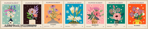 Set of abstract Flower Market posters. Trendy botanical wall arts with floral design in bright colors. Modern naive groovy funky interior decorations, paintings. Vector art illustration.