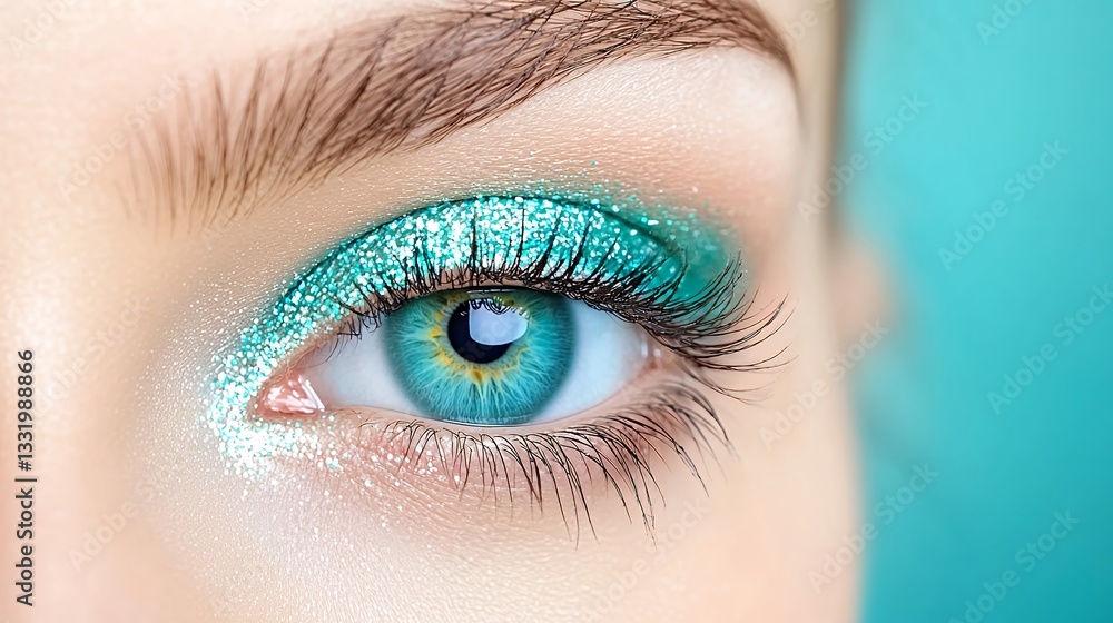 Close-Up of a Woman's Eye with Sparkling Teal Eyeshadow and Bright Blue Iris on a Soft Background Close-Up of a Woman's Eye with Sparkling Teal Eyeshadow and Bright Blue Iris on a Soft Background