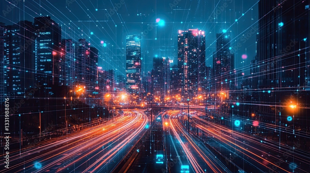 Modern cityscape enhanced with neon lights and digital effects Modern cityscape enhanced with neon lights and digital effects