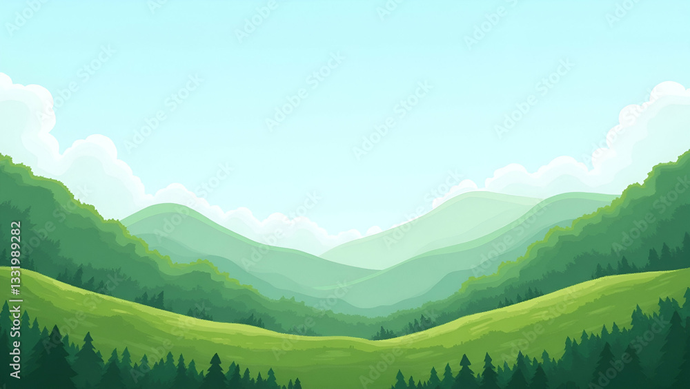 Fototapeta premium Stunning Green Mountains and Clear Sky Border Frame with Copy Space for World Environment Day - Nature Conservation Concept in Photo Stock with Empty Space on the Left Side