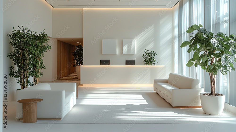 Minimalistic office lobby with modern furniture, soft lighting, calm atmosphere, white walls, professional studio light. Minimalistic office lobby with modern furniture, soft lighting, calm atmosphere, white walls, professional studio light.