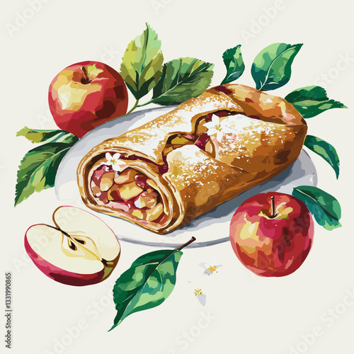 Watercolor Apple Strudel with Fresh Apples
