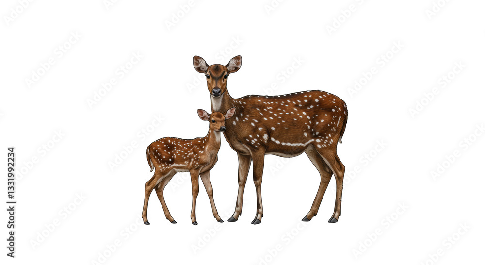 Fototapeta premium A mother deer and her fawn stand together in a serene forest setting, showcasing nature's beauty - picture of an axis deer