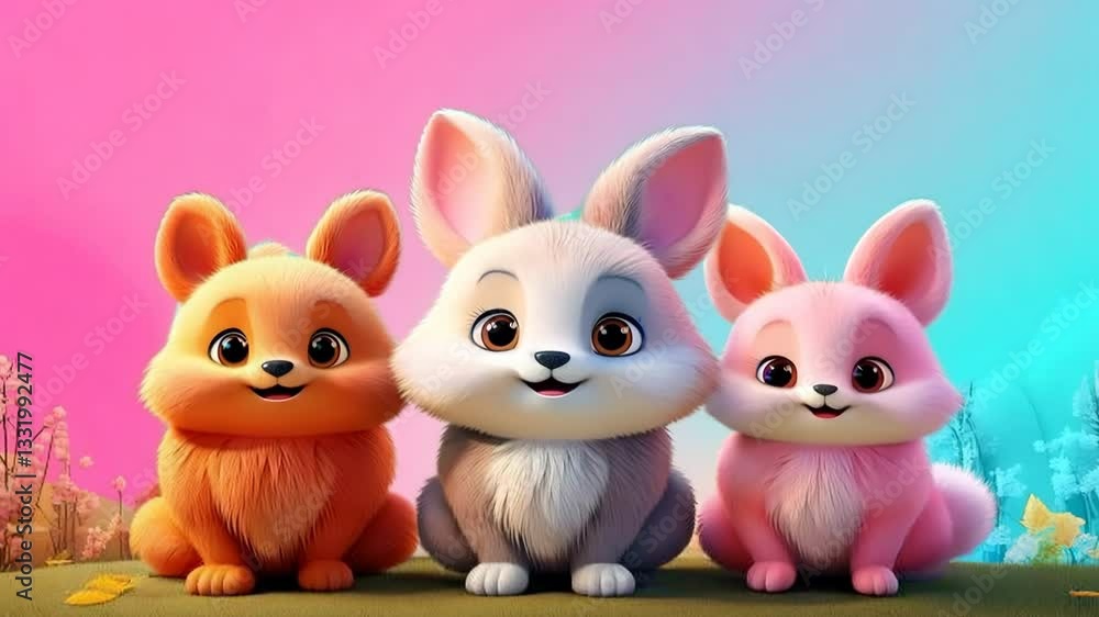 Three furry animals sitting on a grassy field under a blue sky. Three furry animals sitting on a grassy field under a blue sky.