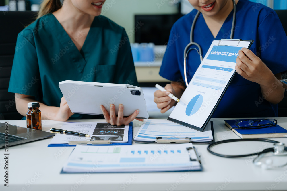 Medical technology network team meeting concept. Doctor hand working with smart phone modern digital tablet Medical technology network team meeting concept. Doctor hand working with smart phone modern digital tablet