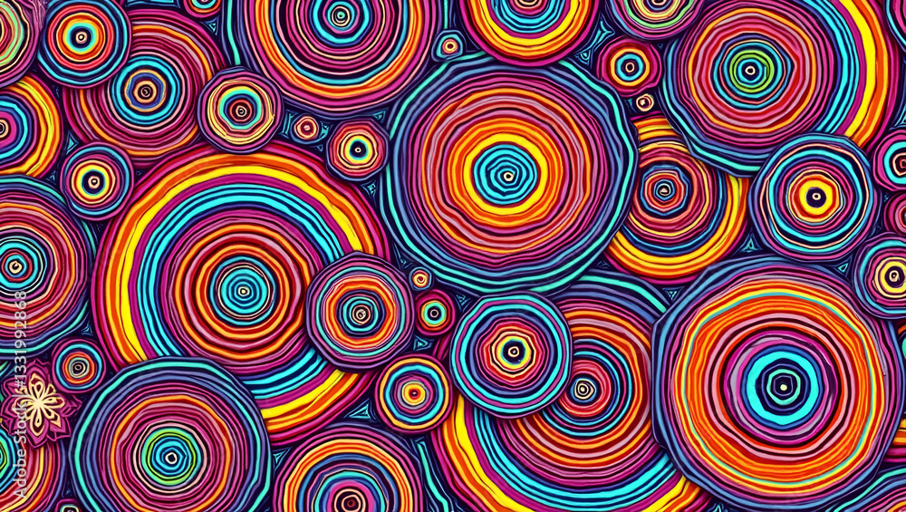 Psychedelic Neon Circles: Seamless Retro Pattern Design for 60s Vibe Psychedelic Neon Circles: Seamless Retro Pattern Design for 60s Vibe