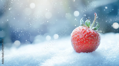 Vibrant strawberry in a snowy winter wonderland with bokeh lights
