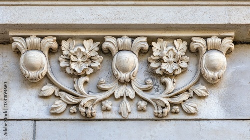 Intricate stone carving with floral and ornamental motifs on a building facade.