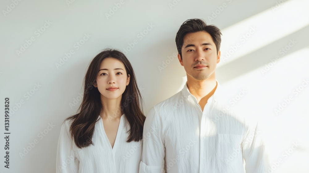 Asian couple posing against a white background