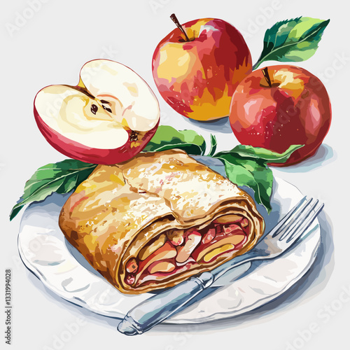 Watercolor Apple Strudel with Fresh Apples