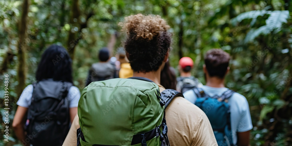 Hikers on Forest Trail with Backpacks Hikers on Forest Trail with Backpacks