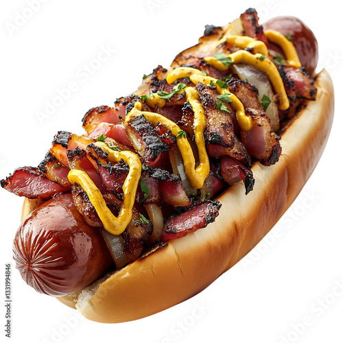 A Mouthwatering Bacon Wrapped Hot Dog with Grilled Onions Isolated on Transparent Background