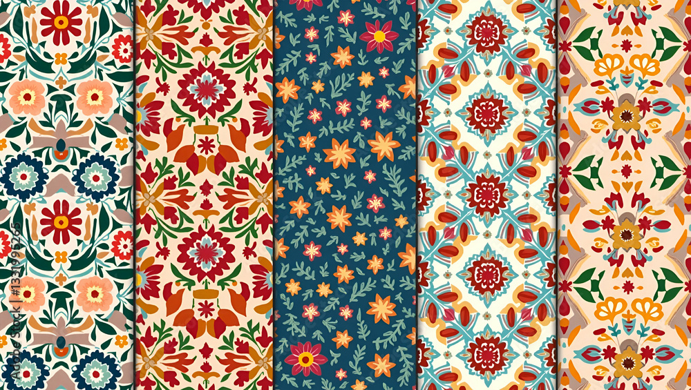 Vibrant Flat Design Seamless Tile Patterns: Merging Traditional Turkish Textiles with Floral and Geometric Elements for a Colorful Cultural Aesthetic Vibrant Flat Design Seamless Tile Patterns: Merging Traditional Turkish Textiles with Floral and Geometric Elements for a Colorful Cultural Aesthetic