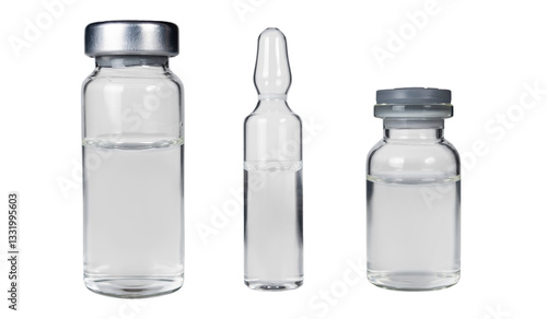 Multiple semitransparent vials containing clear liquid on a clean surface in a laboratory setting