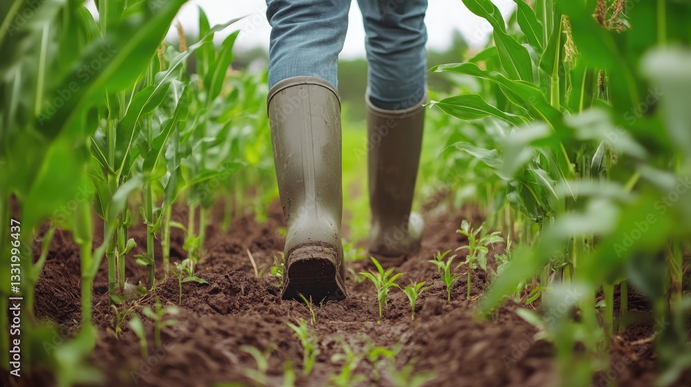 Farmer walking among corn sprouts in a field, showcasing agriculture as a business concept. Close-up of a farmer's legs in rubber boots navigating a corn field. Farmer walking among corn sprouts in a field, showcasing agriculture as a business concept. Close-up of a farmer's legs in rubber boots navigating a corn field.