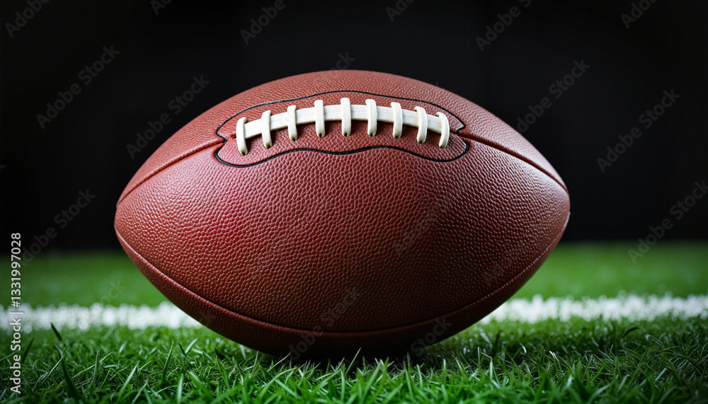 Obraz premium Close-up view of a leather football on green turf with a black background, sports action