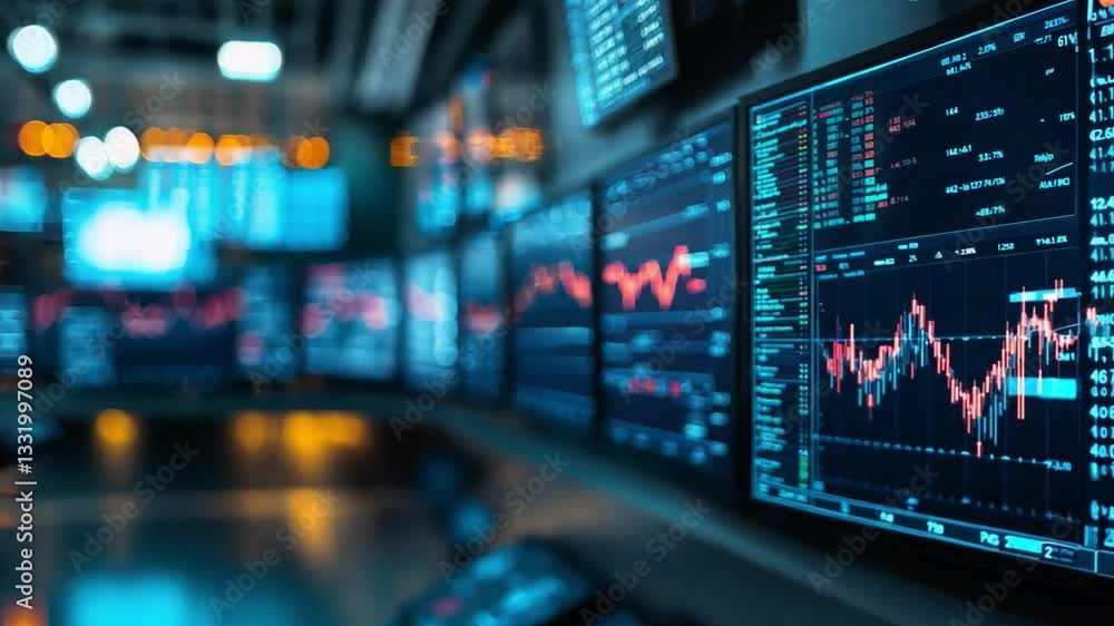 High-tech trading floor with multiple screens displaying stock market data in a bustling financial center High-tech trading floor with multiple screens displaying stock market data in a bustling financial center