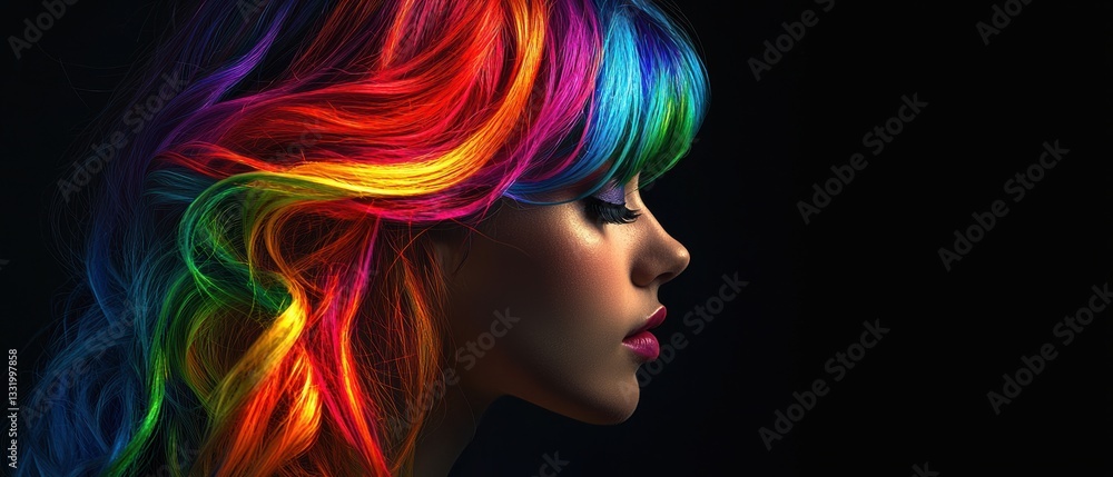 Naklejka premium Striking profile of woman with rainbow hair against dark backdrop