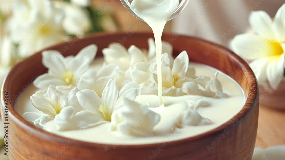 A close-up shot of delicate white jasmine flowers floating in a wooden bowl, with oil being gently poured over them. The soft lighting creates a tranquil, luxurious atmosphere, perfect for wellness A close-up shot of delicate white jasmine flowers floating in a wooden bowl, with oil being gently poured over them. The soft lighting creates a tranquil, luxurious atmosphere, perfect for wellness