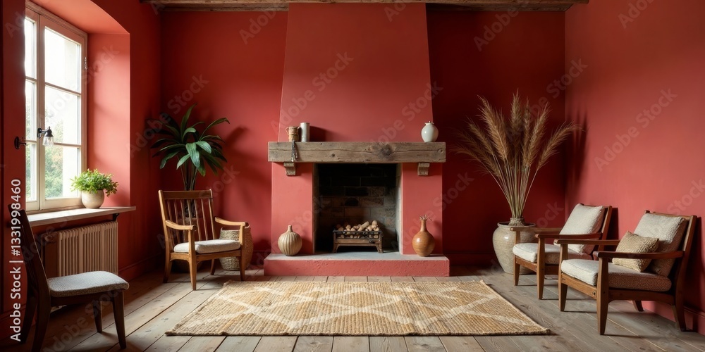 Fototapeta premium Rustic Living Room with Earthy Tones and Wooden Accents Featuring a Fireplace and Woven Rug