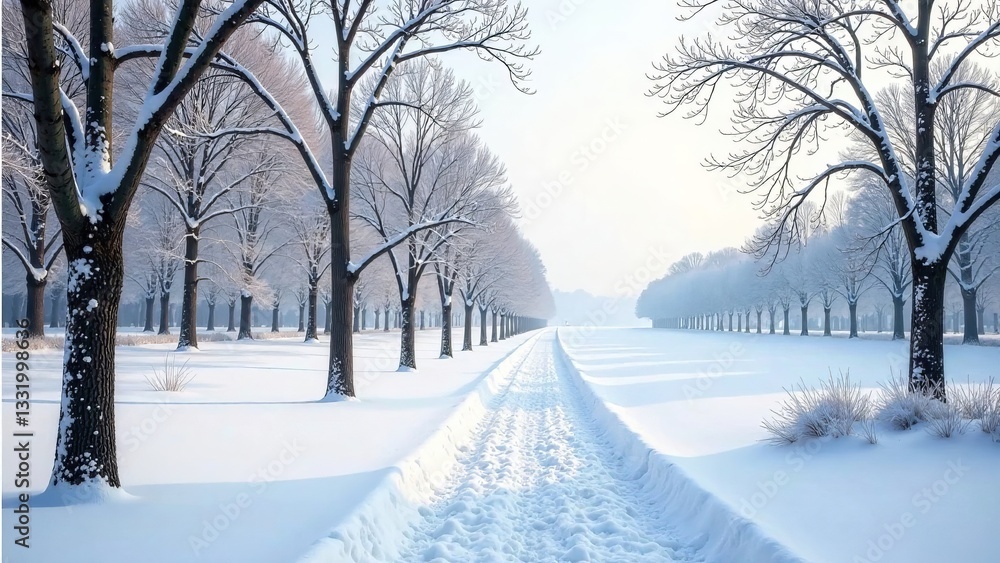 Fototapeta premium Serene Winter Path Through a Snow-Covered Grove of Trees on a Crisp, Sunny Day