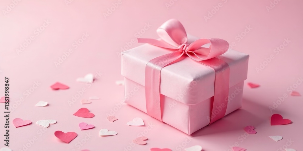A delicately wrapped pink gift box with a satin ribbon sits amidst scattered pastel hearts on a soft pink background, conveying a message of love and affection. A delicately wrapped pink gift box with a satin ribbon sits amidst scattered pastel hearts on a soft pink background, conveying a message of love and affection.