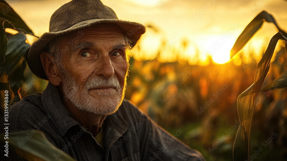 Senior farmer in a corn field gazing at the camera during sunset. Senior farmer in a corn field gazing at the camera during sunset.