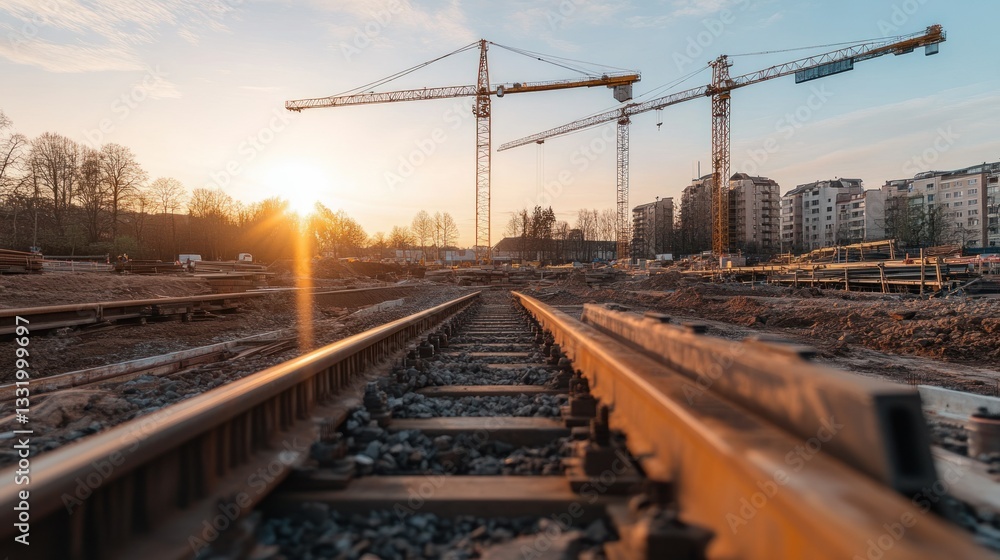 Fototapeta premium Construction site with cranes and railway tracks during sunset time