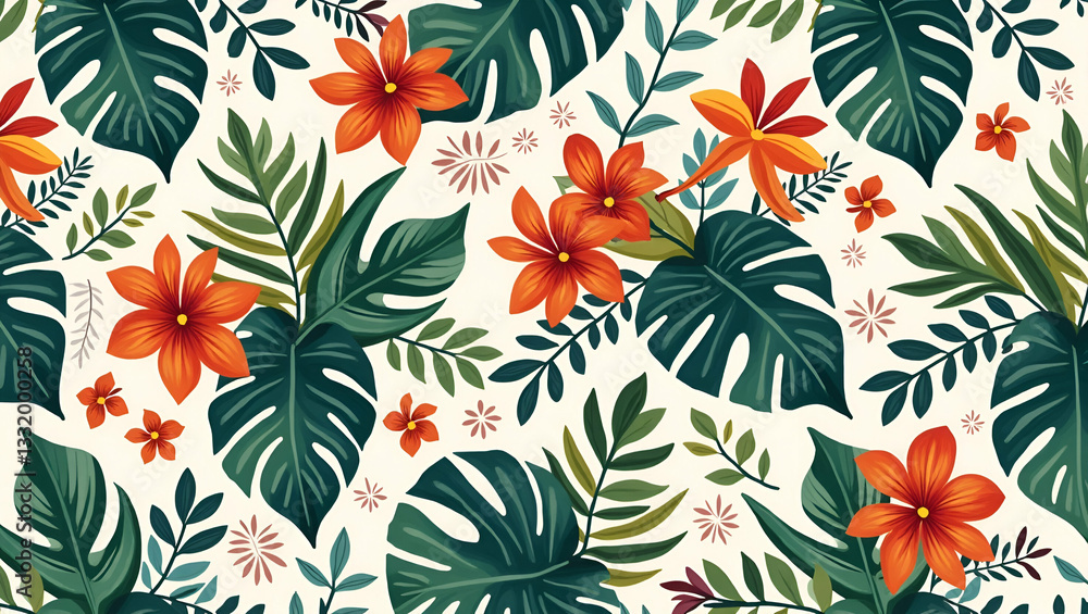 Tropical summer seamless pattern with exotic flowers and vivid tropical foliage for an adventurous design concept as Exotic summer flower pattern with tropical flowers and vivid foliage perfect for bo Tropical summer seamless pattern with exotic flowers and vivid tropical foliage for an adventurous design concept as Exotic summer flower pattern with tropical flowers and vivid foliage perfect for bo