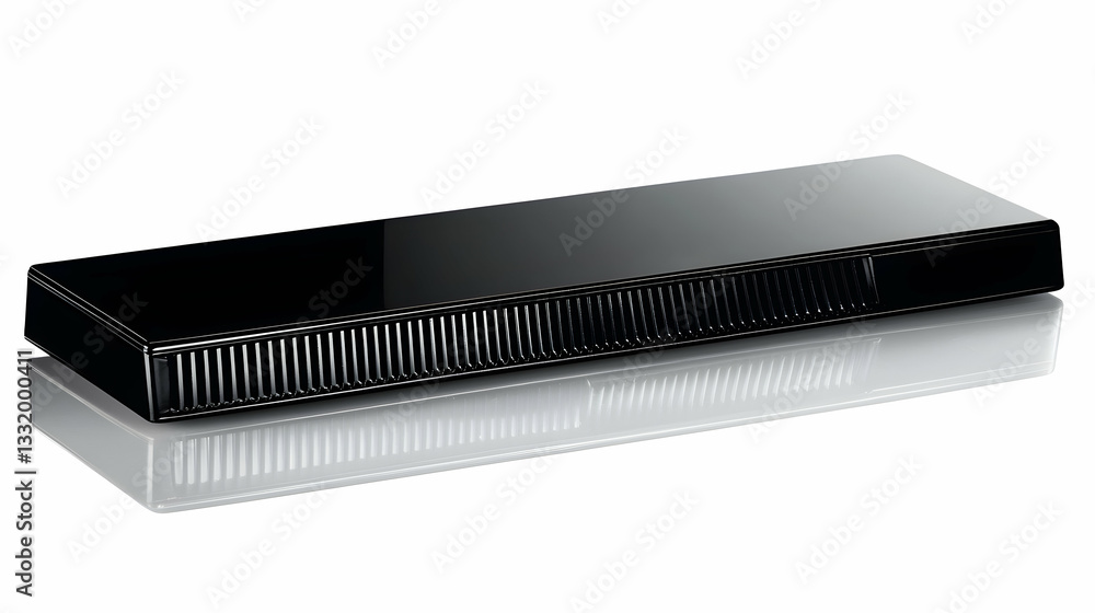 Sleek black soundbar on white background, home theater system, reflecting surface Sleek black soundbar on white background, home theater system, reflecting surface