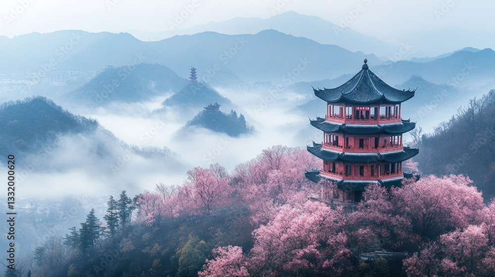 Breathtaking Chinese Pagoda nestled amidst misty mountains and cherry blossoms Breathtaking Chinese Pagoda nestled amidst misty mountains and cherry blossoms