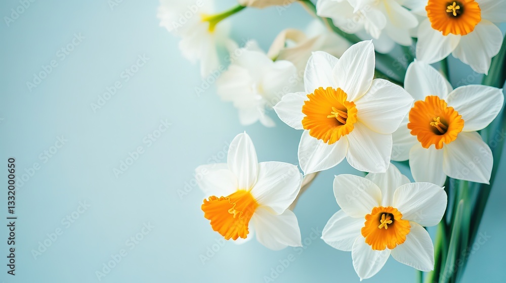 Fototapeta premium Close-up Photograph of White Daffodils on Pastel Blue Background, Mock-up Template Style